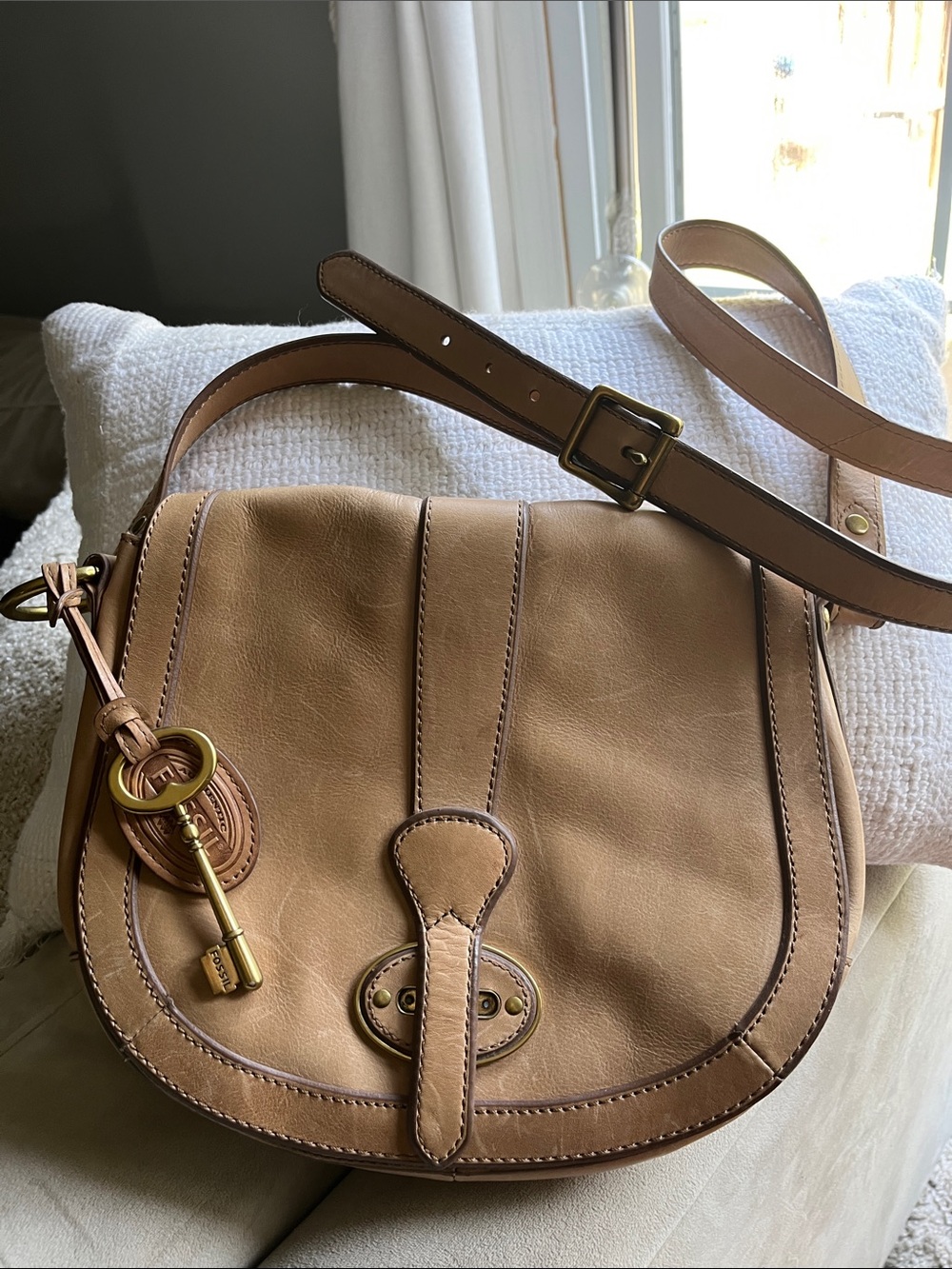 Fossil Tan Leather Crossbody Saddle Bag with Key Charm